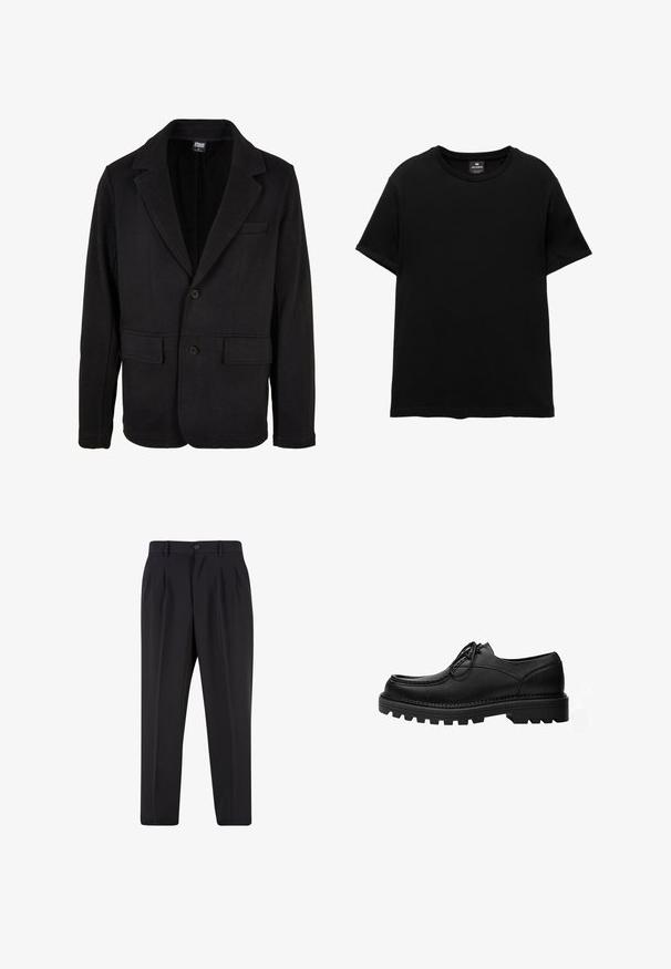 Schwarze Blazerjacke aus weichem Stoff mit einem Reverskragen, zwei Fronttaschen und einer Zwei-Knopf-Verschluss. Klassisches Design mit minimaler Textur.; Schwarzes T-Shirt mit kurzen Ärmeln und Rundhalsausschnitt, mit einem Pull&Bear-Etikett innen am Kragen, flach auf weißem Hintergrund liegend.; Schwarze, maßgeschneiderte Hose mit vorderen Bundfalten, Gürtelschlaufen und Knopfverschluss an der Taille.; Schwarzer Leder-Schnürschuh mit dicker, robuster Sohle und detaillierter Naht am Obermaterial, entworfen für formelle oder legere Anlässe.