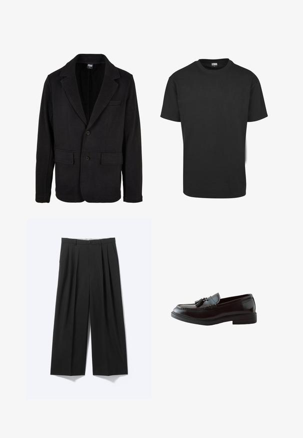 Schwarze Blazerjacke aus weichem Stoff mit einem Reverskragen, zwei Fronttaschen und einer Zwei-Knopf-Verschluss. Klassisches Design mit minimaler Textur.; Schwarzes Baumwoll-T-Shirt mit kurzen Ärmeln, rundem Ausschnitt und normaler Passform. Der Stoff wirkt glatt und unverziert.; Schwarze Weithose mit vorderen Falten, Gürtelschlaufen und Knopfverschluss auf schlichtem hellem Hintergrund dargestellt.; Schwarzer Herren-Lederloafer mit Quasten-Detail, abgerundeter Zehenpartie und niedrigem, gestapeltem Absatz, von der Seite auf weißem Hintergrund gezeigt.
