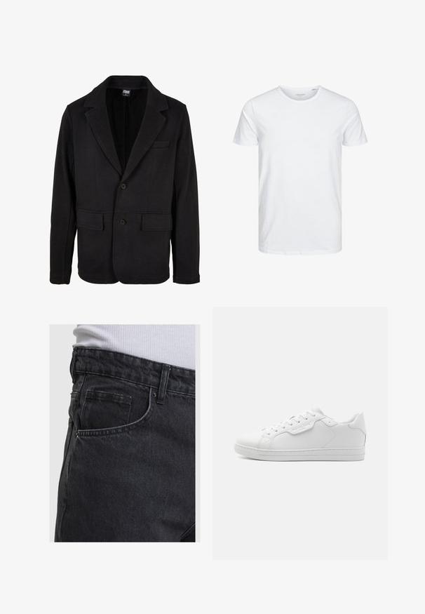 Sort blazerjakke lavet af blødt stof med klapkrave, to forlommer og to-knaps lukning. Klassisk design med minimal struktur.; Rundhals kortærmet t-shirt i ensfarvet hvid, lavet af blød bomuld, har et simpelt design uden synlige mønstre eller detaljer.; Sorte denimjeans med synlig forlomme og bæltestrop, båret med en hvid ribbet skjorte, der er stukket ind i taljen.; Hvide lædersneakers med afrundet tå, seks øjer, flade snørebånd og minimalistisk design. Har et lille logo på siden.