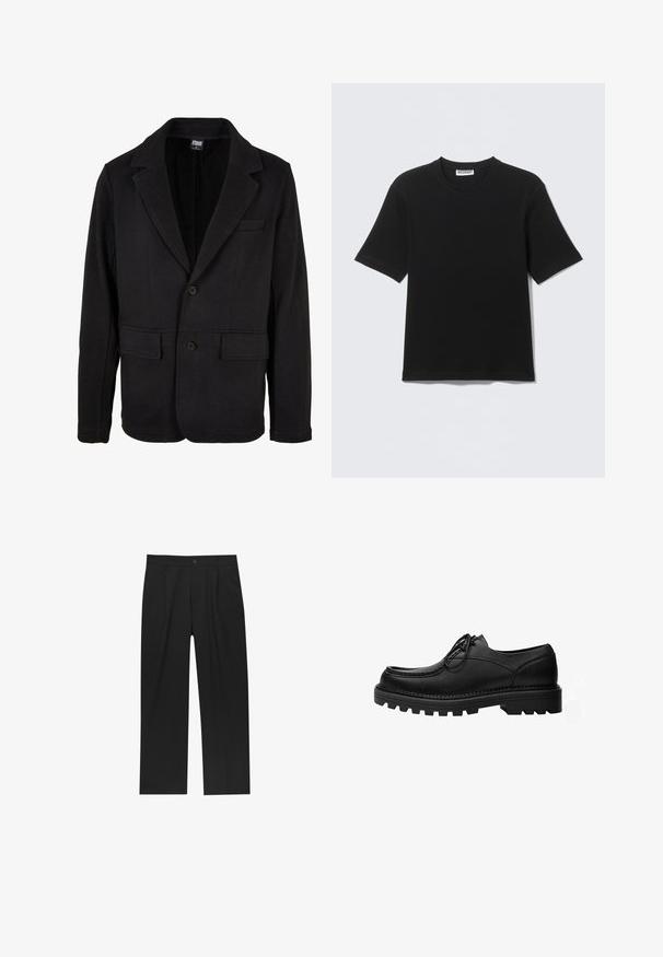 Sort blazerjakke lavet af blødt stof med klapkrave, to forlommer og to-knaps lukning. Klassisk design med minimal struktur.; Sort kortærmet T-shirt med rund hals og "WEEKDAY" mærke på indersiden af kraven, vist fladt på en lys baggrund.; Sorte bukser med lige ben, lavet af et glat stof. Har frontfolder og en enkelt knaplukning i taljen.; Sort læder snøresko med tyk, robust sål og detaljerede syninger på oversiden, designet til formelt eller afslappet brug.