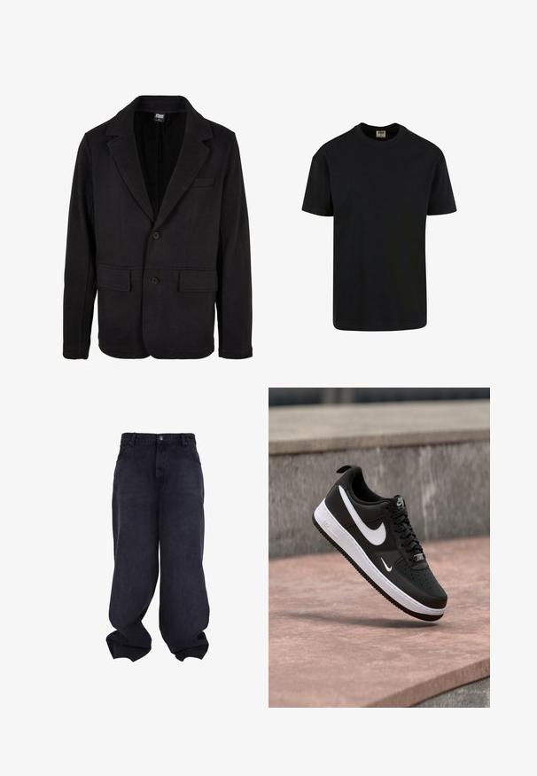 Schwarze Blazerjacke aus weichem Stoff mit einem Reverskragen, zwei Fronttaschen und einer Zwei-Knopf-Verschluss. Klassisches Design mit minimaler Textur.; Urban Classics SHORTSLEEVE - T-Shirt basic - black; Schwarze übergroße Baggy-Jeans mit Knopf- und Reißverschluss vorne, Vordertaschen und lockeren, weiten Beinen.; Schwarz-weißer Nike Air Force 1 Sneaker, der über einer rosa Betonfläche mit grauem Stein-Hintergrund schwebt.