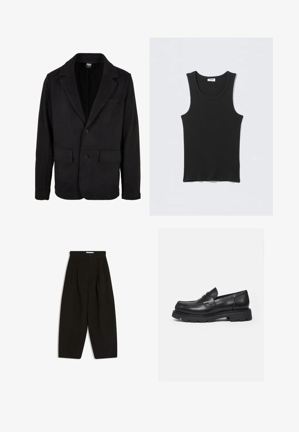Sort blazerjakke lavet af blødt stof med klapkrave, to forlommer og to-knaps lukning. Klassisk design med minimal struktur.; Sort ærmeløs ribstrikket tanktop med rund halsudskæring, fladt lagt på lysegrå baggrund. Etiket med teksten "WEEKDAY."; Sorte bukser med vide ben lavet af blødt stof, med plisseret front, knaplukning og sidelommer for ekstra funktionalitet.; Sort læderloafer med tyk rillede sål og penny-remdetalje, vist i højre sideprofil på hvid baggrund.