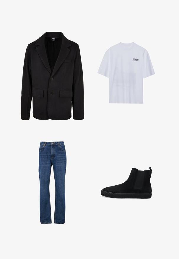Schwarze Blazerjacke aus weichem Stoff mit einem Reverskragen, zwei Fronttaschen und einer Zwei-Knopf-Verschluss. Klassisches Design mit minimaler Textur.; Weißes Baumwoll-T-Shirt mit kurzen Ärmeln, das auf der linken Brustseite ein schwarzes "SUNSHINE Los Angeles"-Grafikdesign zeigt. Rundhalsausschnitt, entspannter Sitz.; Dunkelblaue Denim-Jeans mit geradem Schnitt, ausgestattet mit Gesäßtaschen, Gürtelschlaufen und einem Reißverschluss mit Knopfverschluss.; Schwarze Wildleder-Ankle Boots mit elastischen Seitenpaneelen und einer strukturierten schwarzen Gummisohle. Mit einer Zuglasche an der Rückseite für ein einfaches An- und Ausziehen.