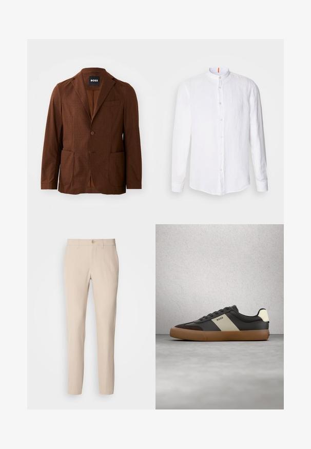 Brun mønstret blazer med notch-lapel, to forlommer og en enkelt knaplukning. Fremstillet af struktureret stof. Velegnet til afslappet brug.; Hvid linnedskjorte med mandarin-krave, frontknaplukning, lange ærmer og en subtil tekstur. Markant orange accent på kraven.; Beige bukser lavet af blødt stof, med knaplukning, lige snit og sidelommer. Glat tekstur med minimale syninger.; Sort og brun sneaker med beige stribe og "BOSS"-logo, svævende over gråt betongulv og baggrund med glassblokvæg.