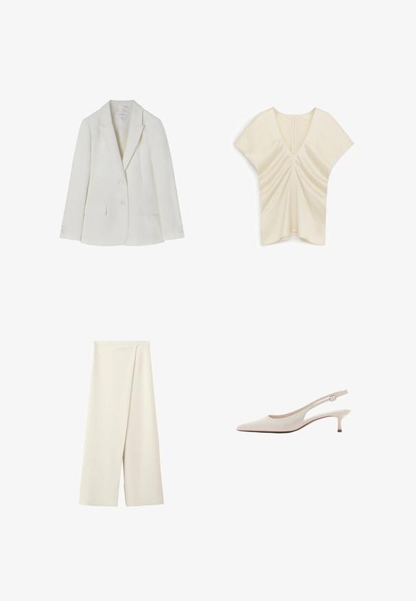 Blazer blanc cintré avec revers crantés, deux boutons devant, poches à rabat et poignets boutonnés, taille 36 par Tatuum.; Blouse à manches courtes couleur crème avec encolure en V, détails froncés à l'avant et fermeture éclair au dos, présentée sur un fond blanc.; Pantalon large couleur crème avec une taille haute et un détail de panneau avant superposé.; Chaussure slingback beige à bout pointu avec petit talon kitten et bride réglable à boucle.