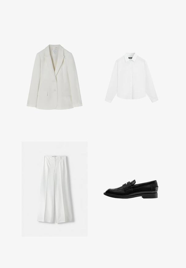 Blazer blanc cintré avec un col cranté, deux poches avant et une fermeture à deux boutons. Tissu lisse avec une texture subtile. Taille 36.; Chemise blanche à manches longues avec boutons et col, présentée à plat sur un fond blanc.; Pantalons amples blancs avec une taille haute, un pli central et une fermeture à bouton classique. Fabriqués dans un tissu lisse avec un design ajusté.; Mocassin en cuir noir avec une finition brillante, bout légèrement pointu, design sans lacets, et un petit talon rectangulaire avec détails cousus.