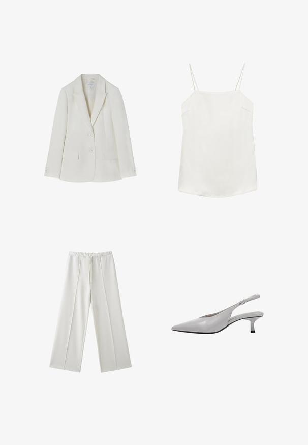 Blazer blanc cintré avec revers crantés, deux boutons devant, poches à rabat et poignets boutonnés, taille 36 par Tatuum.; Top caraco blanc sans manches avec fines bretelles spaghetti et un décolleté droit, posé à plat sur un fond blanc.; Pantalon blanc à jambes larges avec taille élastique et cordon, avec des détails de couture sur le devant de chaque jambe.; Chaussure slingback en cuir blanc avec un bout pointu et un petit talon kitten, avec une bride à boucle réglable.