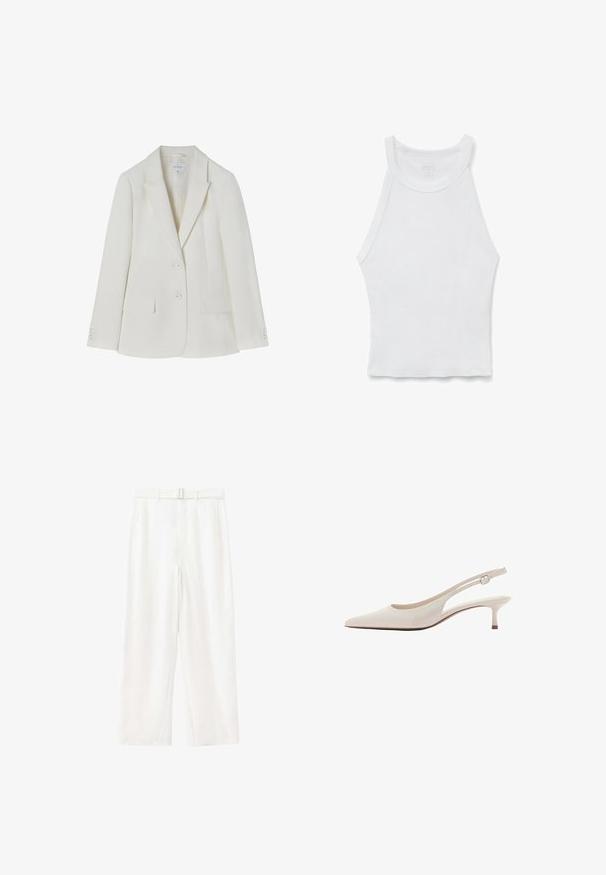 Blazer blanc cintré avec un col cranté, deux poches avant et une fermeture à deux boutons. Tissu lisse avec une texture subtile. Taille 36.; Débardeur blanc sans manches en côte avec un col montant et une silhouette ajustée, posé à plat sur un fond blanc.; Pantalon blanc taille haute à jambes larges avec ceinture en tissu assortie et poches latérales, présenté sur un fond blanc uni.; Chaussure slingback beige à bout pointu avec petit talon kitten et bride réglable à boucle.