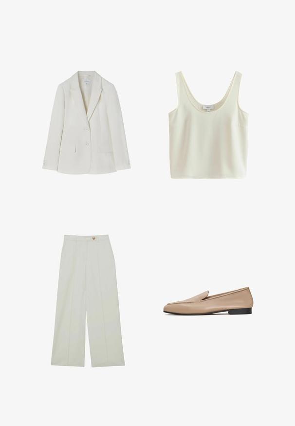 Blazer blanc cintré avec un col cranté, deux poches avant et une fermeture à deux boutons. Tissu lisse avec une texture subtile. Taille 36.; Débardeur court sans manches couleur crème avec larges bretelles et encolure dégagée, en tissu lisse.; Pantalon à jambes larges en tissu léger, de couleur blanc cassé, avec des plis devant et une fermeture à bouton unique.; Mocassins en cuir beige avec une finition lisse, un petit talon noir et des détails brodés sur le dessus. Dotés d'un bout arrondi et d'un design minimaliste.