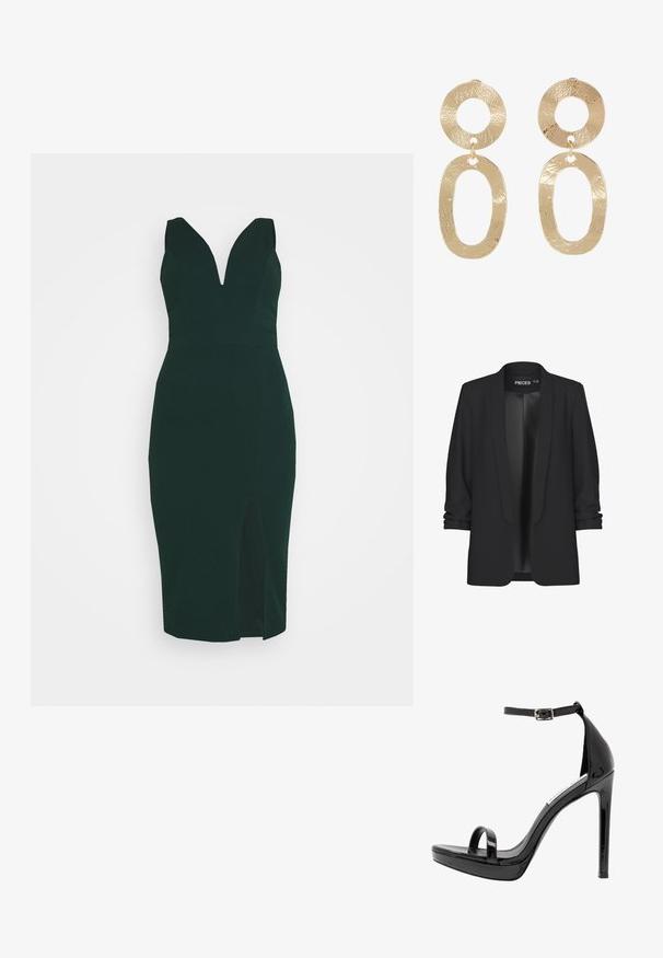 Blazer noir avec col châle, devant ouvert et manches retroussées. Tissu lisse avec une finition élégante, sans fermetures ni détails visibles.; WAL G. V NECK PLUNGE MIDI DRESS - Robe en jersey - forest green; Steve Madden MILANO - Sandales à talons hauts - black; sweet deluxe Boucles d'oreilles - gold-coloured