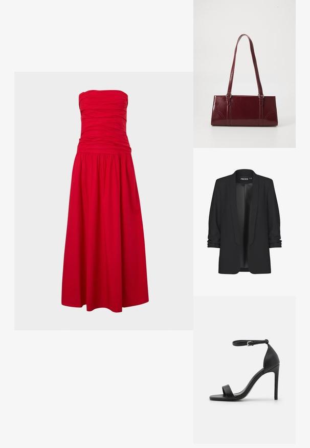 Blazer noir avec col châle, devant ouvert et manches retroussées. Tissu lisse avec une finition élégante, sans fermetures ni détails visibles.; Robe de soirée rouge sans bretelles avec corsage froncé et longue jupe fluide, conçue pour des occasions formelles.; Sandale noire à talons hauts au design épuré, avec une bride au niveau de la cheville, un bout ouvert et une texture en cuir lisse.; Sac à main bordeaux en matériau brillant, de forme rectangulaire, avec deux anses et des accents légèrement courbés à l'avant.