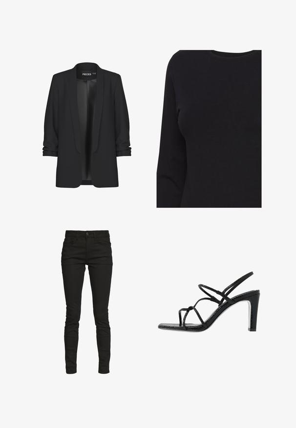 Blazer noir avec col châle, devant ouvert et manches retroussées. Tissu lisse avec une finition élégante, sans fermetures ni détails visibles.; Chemise noire à manches longues et col rond, portée sur un buste sans logos ni motifs visibles.; TOM TAILOR DENIM TTNELA Extra Skinny - Jeans Skinny - black denim; Sandales noires à talons avec des fines lanières, une finition texturée, bout ouvert et un design de talon pointu et élégant. Équipées d'une semelle intérieure lisse et d'une surface brillante.