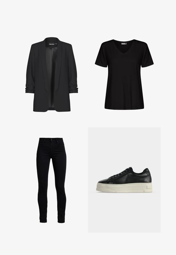 Blazer negro con cuello chal, delantero abierto y mangas remangadas. Tela suave con un acabado elegante, sin cierres ni detalles visibles.; Camiseta negra de cuello en V, de mangas cortas, hecha de material suave, con un corte relajado y costuras mínimas para una apariencia suave.; Jeans ajustados negros hechos de una mezcla de algodón, con una cintura alta, diseño tradicional de cinco bolsillos y cierre frontal con botón.; Zapatilla deportiva baja de cuero negro con suela plataforma blanca gruesa y cordones negros sobre un fondo claro y liso.