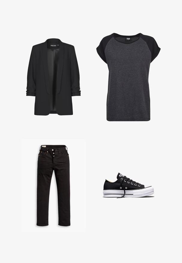 Blazer negro con cuello chal, delantero abierto y mangas remangadas. Tela suave con un acabado elegante, sin cierres ni detalles visibles.; Camiseta de manga corta en negro y gris oscuro con cuello redondo y mangas raglán. Elaborada con una tela suave y texturada. Ajuste casual.; Vaqueros negros de pierna recta con cierre de botón, bolsillos delanteros y traseros, y detalles de remaches de cobre sobre un fondo blanco.; Zapatilla deportiva negra de lona de corte bajo con suela plataforma de goma blanca, cordones negros y ojales de metal sobre fondo blanco.
