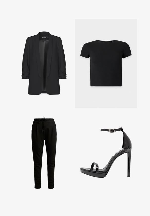 Blazer noir avec col châle, devant ouvert et manches retroussées. Tissu lisse avec une finition élégante, sans fermetures ni détails visibles.; Top court noir à manches courtes en côte avec un col rond, présenté sur un fond clair uni.; Vero Moda Tall VMEVA LOOSE STRING PANT - Pantalon de survêtement - black; Steve Madden MILANO - Sandales à talons hauts - black