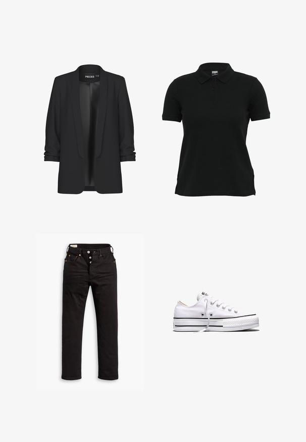 Blazer negro con cuello chal, delantero abierto y mangas remangadas. Tela suave con un acabado elegante, sin cierres ni detalles visibles.; Polo negro con cuello clásico, mangas cortas y tapeta con tres botones. Confeccionado en tejido liso con aberturas laterales en el dobladillo.; Vaqueros negros de pierna recta con cierre de botón, bolsillos delanteros y traseros, y detalles de remaches de cobre sobre un fondo blanco.; Zapatilla baja de lona blanca con cordones blancos, rayas negras en la suela y puntera de goma texturizada, vista lateral sobre fondo blanco.