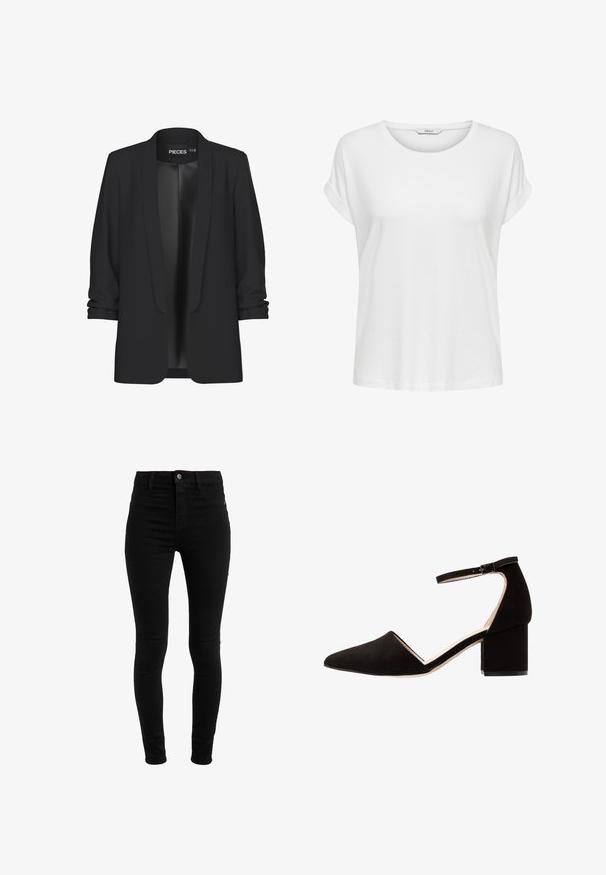Blazer negro con cuello chal, delantero abierto y mangas remangadas. Tela suave con un acabado elegante, sin cierres ni detalles visibles.; Camiseta blanca de manga corta hecha de algodón suave. Presenta un cuello redondo y puños enrollados. Diseño simple sin patrones ni acentos.; Jeans ajustados negros de denim, con cintura alta, diseño de cinco bolsillos y cierre de botón. Textura suave, sin patrones visibles.; Zapato de tacón cuadrado de ante negro con punta afilada y correa en el tobillo; presenta una textura suave y un diseño minimalista.