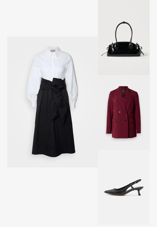 Bordeaux dubbelzijdige blazer met geknipte revers, twee voorkruiszakken en zwarte knopen. Glad materiaal met een getailleerde pasvorm.; Witte blouse met lange pofmouwen, gecombineerd met een zwarte rok en een stoffen riem die op de taille is geknoopt, gemaakt van gladde katoen.; Zwarte leren slingback schoen met een puntige neus, lage blokhak, uitsnijdingen aan de zijkant en een verstelbare enkelband. Glad oppervlak overal.; Kleine zwarte glanzende handtas met twee lange hengsels en zijkant trekkoord details op een effen lichte achtergrond.