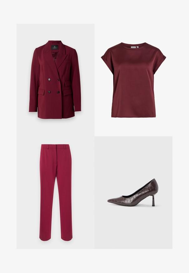 Bordeaux dubbelzijdige blazer met geknipte revers, twee voorkruiszakken en zwarte knopen. Glad materiaal met een getailleerde pasvorm.; Bordeauxrode blouse met korte mouwen en ronde hals, met opgerolde manchetten en een gladde, licht glanzende stoftextuur.; Donkerrode broek gemaakt van gladde stof met een rechte snit, voorzien van een tailleband, lussen voor een riem en steekzakken aan de zijkant. Geen sierdetails.; Bruine nepleren pumps met een puntige neus en krokodillenstructuur, voorzien van een slanke, hoekige hak en een gladde binnenvoering.