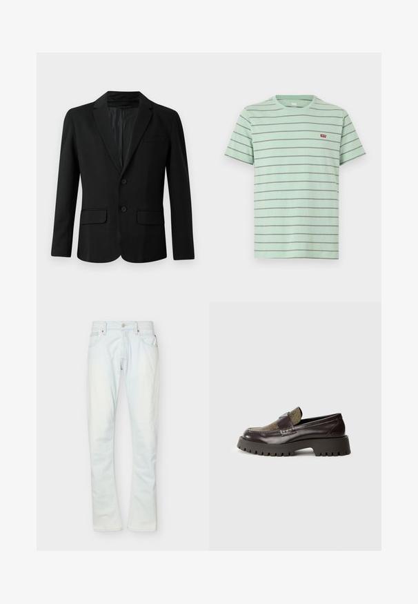 Blazer noir en tissu lisse, avec un design à un bouton, deux poches avant, un revers cranté et deux boutons.; T-shirt vert clair à manches courtes avec fines rayures horizontales foncées et petit logo rouge Levi's sur la poitrine gauche.; Jean droit délavé clair avec cinq poches, passants de ceinture, fermeture par bouton et coutures visibles sur un fond uni.; Mocassins en cuir marron foncé avec une tige en textile à motifs, une semelle extérieure à traction épaisse et une bride décorative. Présente un logo de marque embossé sur le côté.