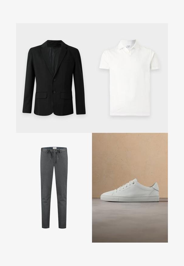 Blazer noir en tissu lisse, avec un design à un bouton, deux poches avant, un revers cranté et deux boutons.; Polo blanc à manches courtes avec col et une petite étiquette à l'intérieur du col indiquant « FILIPPA K », présenté sur un fond clair uni.; Pantalons gris extensibles avec une texture lisse, taille à cordon de serrage et fermeture à bouton. Présente un design ajusté et des coutures minimales visibles.; Baskets basses en cuir blanc avec lacets, suspendues en l'air au-dessus d'un tapis beige texturé, à proximité d'une table basse ronde en bois avec des livres.