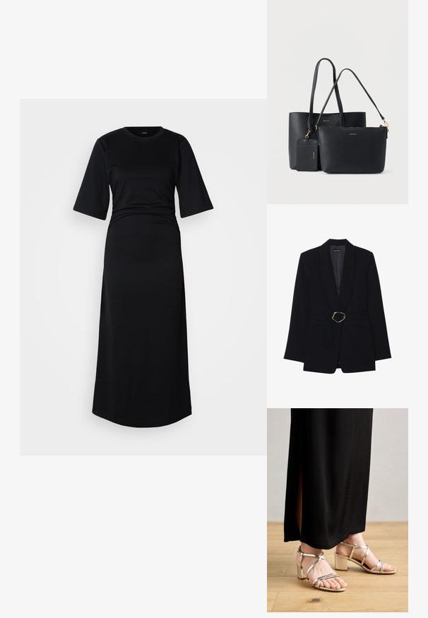 Veste noire ajustée avec un col châle, taille ceinturée dotée d'une boucle en métal doré et deux poches avant. Texture de tissu lisse.; Robe maxi en coton noir avec des manches courtes, un col rond et des détails froncés à la taille, présentant une texture lisse et un design simple.; Talons dorés à brides avec un talon carré, présentant une finition métallique, une bride de cheville et un design ouvert. Associés à une jupe maxi noire.; Ensemble de deux sacs en similicuir noir, un grand cabas et un sac plus petit avec fermeture éclair, avec des accents de ferrures dorées et un logo embossé.