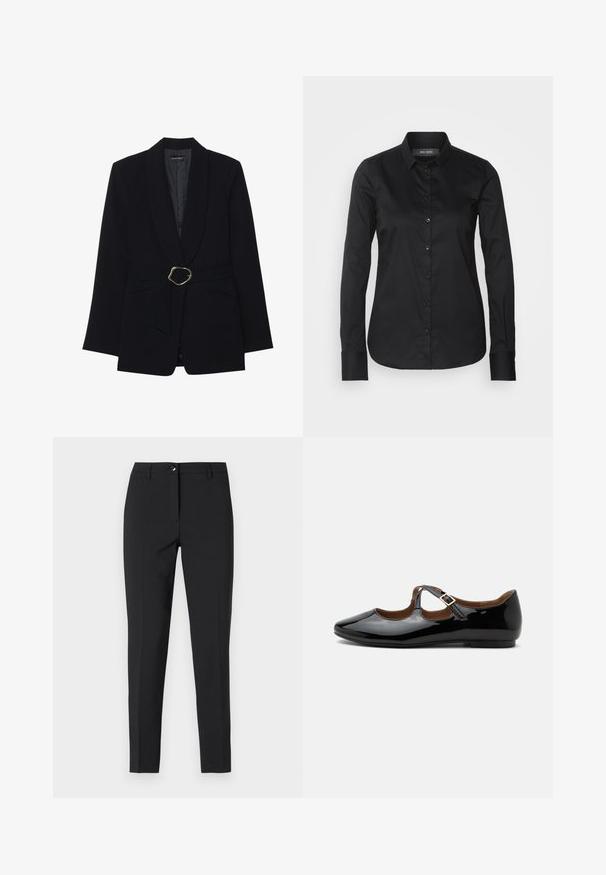 Sort skræddersyet blazer med sjalskrave, belte i taljen med en guldfarvet metalspænde og to forlommer. Glat stofstruktur.; Mos Mosh TILDA SHIRT - Skjortebluser - black; Sorte figursyede bukser i glat stof med en klassisk talje, lynlås i fronten og sidelommer samt et elegant, skræddersyet design.; Sort laklæder Mary Jane-flad sko med to udskæringer og en guldbuckelrem på hvid baggrund.