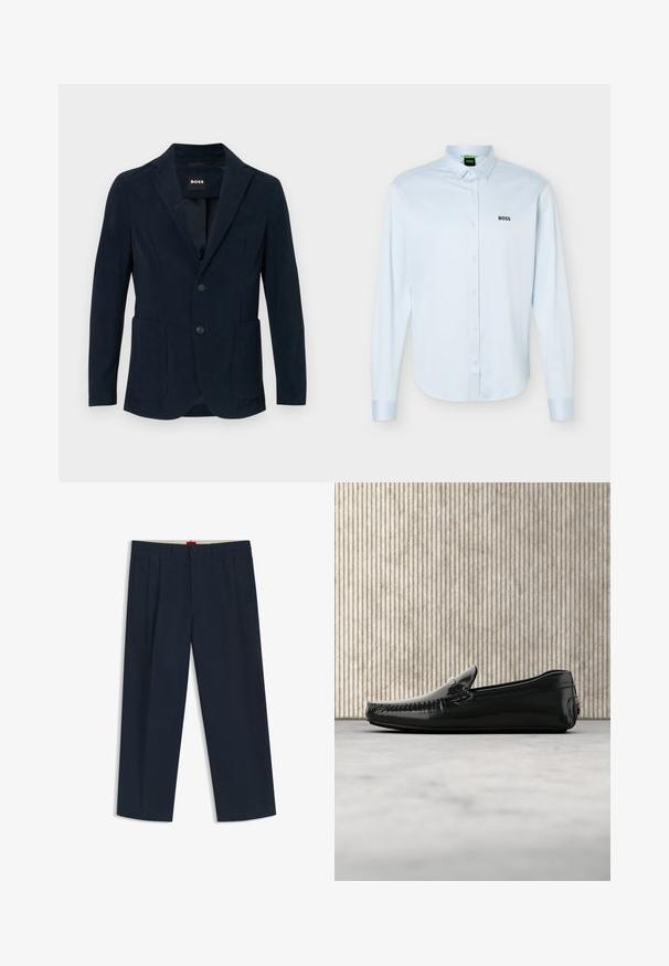 Blazer en velours côtelé bleu marine avec revers cranté, deux poches frontales, fermeture à deux boutons et une poche poitrine.; Chemise bleu clair à manches longues, boutonnée avec col, logo noir "BOSS" sur le côté gauche de la poitrine, et poignets avec boutons.; Pantalon large bleu marine foncé avec passants pour ceinture, fermeture à bouton et zip à l'avant, et poches latérales, présenté sur fond blanc.; Mocassins en cuir noir avec une finition brillante, bout rond et quincaillerie décorative à l'avant. Semelle en caoutchouc à profil bas. Texture lisse.