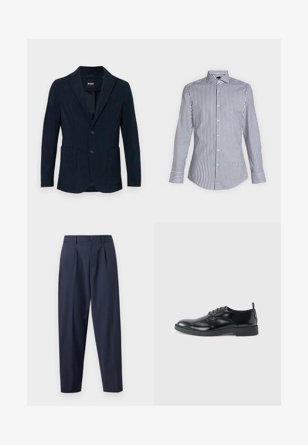 Marineblauwe corduroy blazer met een notch lapel, twee voorzakken, een twee knopen sluiting en een enkele borstzak.; Wit overhemd met lange mouwen met dunne verticale zwarte strepen, knoopsluiting aan de voorkant en een puntige kraag, getoond op een effen lichte achtergrond.; Navyblauwe op maat gemaakte broek met plooien, gemaakt van een gladde stof. Heeft een knoopsluiting en een taps toelopend ontwerp.; Glanzende zwarte lederen nette schoen met lage hak, vetersluiting en ronde neus, van opzij getoond tegen een effen lichte achtergrond.