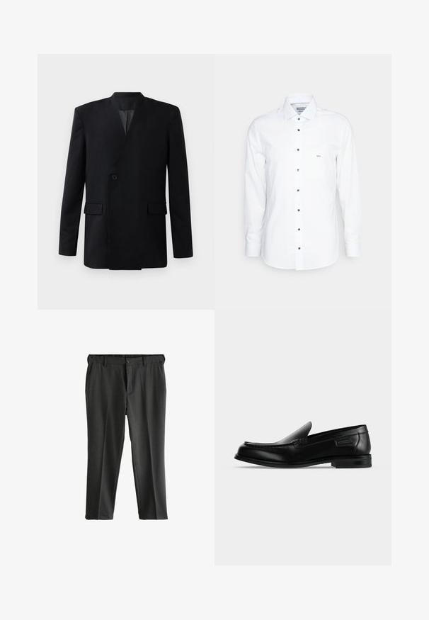 Sort blazer med omslagdesign, der har en enkelt knaplukning, to forlommer og en ståkrave. Glat stofstruktur.; Michael Kors SHIRT - Skjorter - white; Grå skræddersyede bukser med flad front, to sidelommer og knaplukning. Glat stof med en subtil tekstur og pressede folder.; Sort læder slip-on loafer med lav hæl, rundet tå og dekorative syninger langs øverste kant.