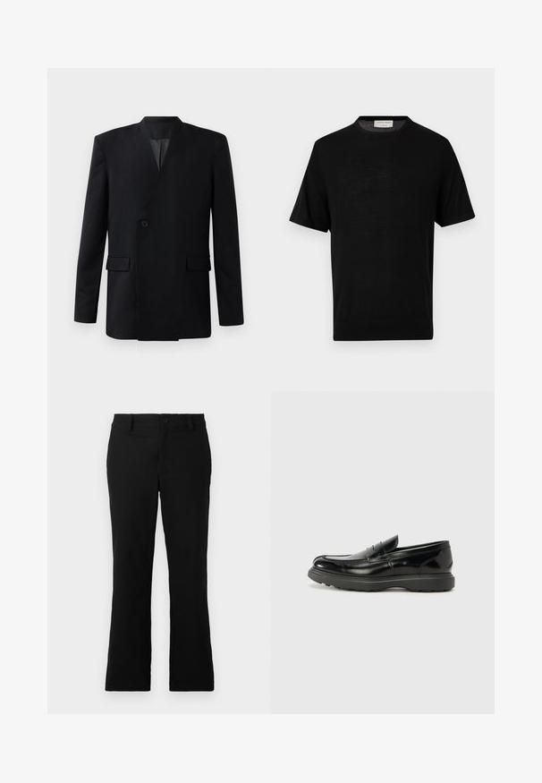 Zwarte blazer met een wikkelontwerp, voorzien van een enkele knoopsluiting, twee voorzakken en een staande kraag. Gladde stoftextuur.; Zwart gebreid T-shirt met korte mouwen, ronde hals en geribbelde manchetten, label aan de binnenkant van de kraag met de tekst "Tiger of Sweden 1903."; Zwarte uitlopende broek van een katoenmix, voorzien van een knoopsluiting, riemlussen en een gladde textuur zonder zichtbare patronen.; Zwarte leren instapper met een glanzende afwerking, een ronde neus, subtiele stiksels en een dikke rubberen zool voor duurzaamheid.