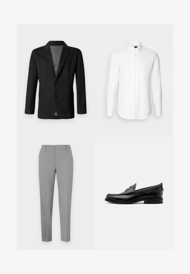 Blazer ajusté gris foncé avec une texture lisse, design à simple boutonnage, revers crantés et deux poches avant. Comprend deux boutons.; Chemise blanche à manches longues, boutonnée sur le devant, col classique, fabriquée en tissu lisse avec une texture subtile, conçue pour une coupe ajustée.; Pantalon gris à fines rayures avec une coupe ajustée, devant plat et poches latérales. Confectionné dans un tissu lisse avec un léger éclat.; Mocassin homme en cuir noir avec couture moc toe, bride penny, col texturé et petit talon empilé sur fond blanc.