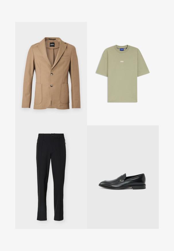 Blazer marrón hecho de tela texturizada, con solapas en pico, dos bolsillos frontales y un cierre de dos botones. La etiqueta dice "BOSS."; Camiseta de manga corta de color verde oliva claro con cuello redondo y pequeño logo blanco "HUGO" centrado en el pecho.; Pantalones negros a medida de corte slim con botón frontal y bolsillos laterales con cremallera, mostrados sobre un fondo blanco.; Mocasín de cuero negro para hombre con tacón bajo, punta redondeada y pequeño logo metálico en la correa, mostrado de perfil sobre un fondo liso.