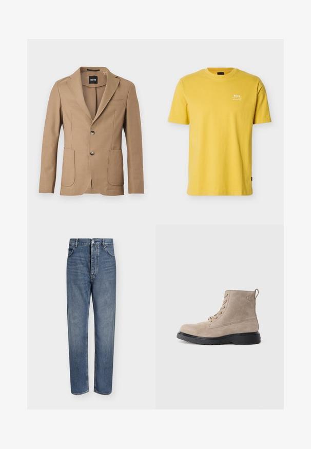 Béžový blazer z texturovanej tkaniny, so zárezovými klopami, dvoma prednými vreckami a zapínaním na dva gombíky. Na štítku je napísané "BOSS."; Žlté tričko s krátkym rukávom a okrúhlym výstrihom, na ľavej strane hrudníka malá biela značka „BOSS“ a súradnice, zobrazené na bielom pozadí.; Modré riflové nohavice s rovnými nohavicami, vysokým pásom, zapínaním na gombíky vpredu a dizajnom s piatimi vreckami na jednoduchom svetlom pozadí.; Béžové semišové členkové topánky s čiernou gumovou podrážkou, zaviazaním, malým embosovaným logom na boku a so stahovacím pásikom na zadnej strane.
