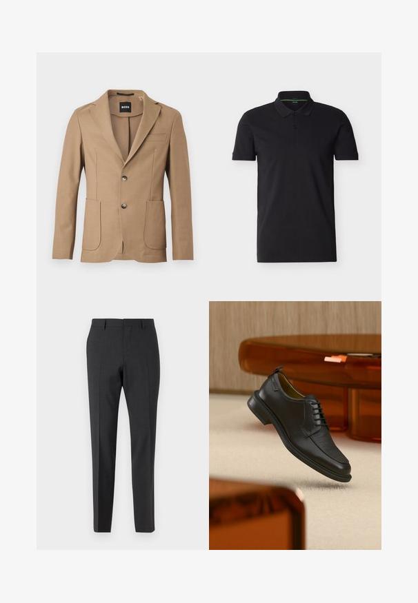 Tan blazer i tekstureret stof med klapkrave, to forlommer og lukning med to knapper. Mærket siger "BOSS."; Sort poloshirt med korte ærmer, krave og to-knaps lukning, med et diskret BOSS-logo på brystet og grøn indvendig halskant.; Mørkegrå skræddersyede bukser med en glat tekstur, slim fit, flad front og bæltestropper, designet til formelt eller forretningsmæssigt tøj.; Sort lædersko med snørebånd og tekstureret front, svævende over beige tæppe i et moderne rum med møbler i ravfarvet toning.