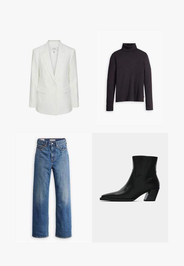 Witte blazer met één knoop, met reverskraag en klepzakken, getailleerde pasvorm en Y.A.S merklabel aan de binnenkant van de kraag.; Zwarte geribde turtleneck trui met lange mouwen en een fitted ontwerp. Zachte textuur, subtiele stretch en een label aan de onderzijde.; Lichtblauwe spijkerbroek met een hoge taille, brede pijpen, klassieke vijfzakkenstijl en subtiele vervaging in de stof.; Zwarte leren enkelboot met een spitse neus, een slanke silhoeet en een chunky vierkante hak. Gladde textuur met minimale stikdetails.