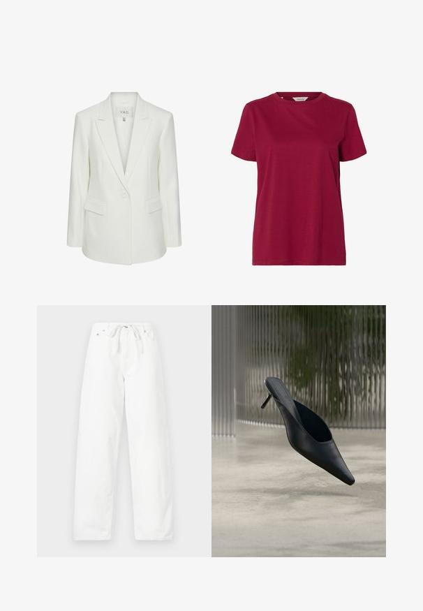 Witte blazer met één knoop, met reverskraag en klepzakken, getailleerde pasvorm en Y.A.S merklabel aan de binnenkant van de kraag.; Effen donkerrood T-shirt met korte mouwen en ronde hals, getoond op een witte achtergrond.; Witte, wijde broek van denim met een trekkoord in de taille en twee voorkruiden, met een gladde textuur en een schoon ontwerp.; Zwarte mule met puntige neus en dunne hoge hak, die boven een gladde betonnen vloer zweeft, met een wazige verticale gestreepte achtergrond.