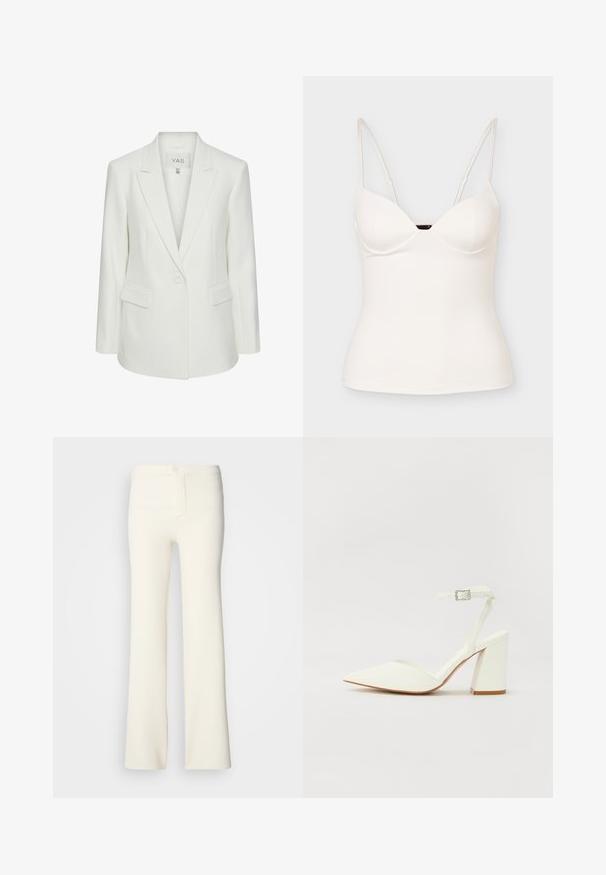Hvid enkeltknappet blazer med slag og klaplommer, skræddersyet pasform og Y.A.S mærke inden i kraven.; Hvid figursyet ærmeløs camisole-top med tynde, justerbare spaghetti-stropper og en let sweetheart-udskæring.; Cremefarvede flagrende bukser lavet af et blødt stof; har en knaplukning og en glat tekstur; skræddersyet taljedesign.; Hvide hælede sandaler med spids tå, justerbar ankelrem og en kraftig firkantet hæl. Glat tekstur med minimale syninger.