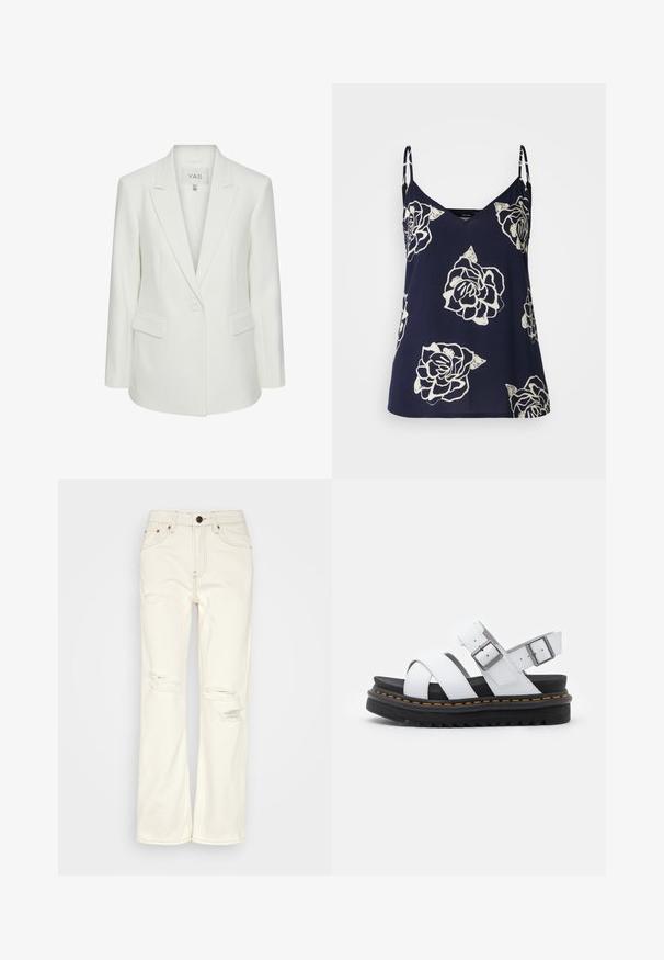 Hvid enkeltknappet blazer med slag og klaplommer, skræddersyet pasform og Y.A.S mærke inden i kraven.; Mørkeblå, ærmeløs bluse med hvidt blomstermotiv, der har en V-udskæring og delikate stropper. Letvægtigt stof med en svævende silhuet.; BDG Urban Outfitters STRAIGHT - Jeans Straight Leg - ecru; Hvide lædersandaler med justerbare spænder, lagdelt sort platformssål og orange syning langs kanten.