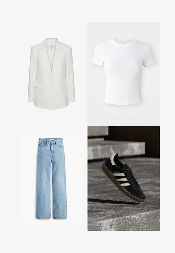 Hvid enkeltknappet blazer med slag og klaplommer, skræddersyet pasform og Y.A.S mærke inden i kraven.; Simpel hvid kortærmet cropped t-shirt med rund halsudskæring, præsenteret på en neutral lys baggrund.; Højtaljede, lyseblå, vide bukser med knap og lynlås fortil, bæltestropper og fem lomme-stil.; Sort Adidas-sneaker med hvide striber og gummisåler, svævende over grå betontrapper i naturligt lys.