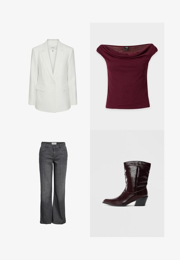 Hvid enkeltknappet blazer med slag og klaplommer, skræddersyet pasform og Y.A.S mærke inden i kraven.; Bourgogne off-shoulder top med korte ærmer, draperet halsudskæring og BDG mærke på ensfarvet baggrund.; Bredde ben jeans i mørkegrå denim. Har høj talje, traditionelt fem-lomme design og en ren kanten uden udsmykning.; Bordeaux læder ankelstøvler med spids tå, tekstureret overflade og en lav, taperet hæl. Har diskrete søm og en tætsiddende pasform.