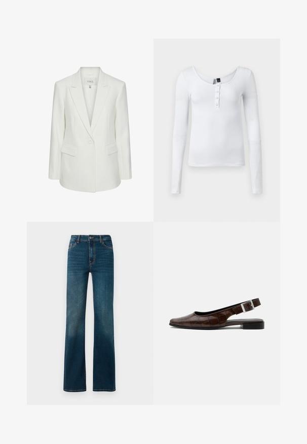Hvid enkeltknappet blazer med slag og klaplommer, skræddersyet pasform og Y.A.S mærke inden i kraven.; Hvid langærmet ribbet top med scoop-neck og fire knapper foran. Stoffet har en glat tekstur og en tætsiddende pasform.; Mørkeblå, højtaljede jeans med lige ben. Lavet af denim, med kontrastsyninger og et klassisk fem-lomme design.; Mørkebrun læderslingback flad sko med firkantet tå, krokodille tekstur og sølvspænde på remmen.