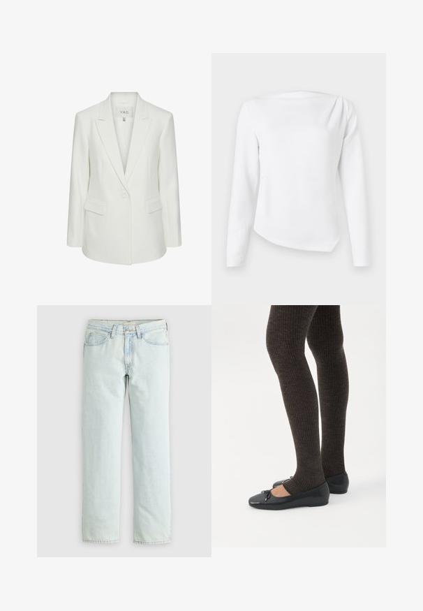 Hvid enkeltknappet blazer med slag og klaplommer, skræddersyet pasform og Y.A.S mærke inden i kraven.; Hvid bluse med lange ærmer, bådudskæring og let asymmetrisk kant, vist på en simpel lys baggrund.; Lyseblå denimjeans med straight-leg design, fem lommer og synlige sømme. Materialet har en blød, let tekstureret finish.; Ben iført mørke ribbede leggings kombineret med sorte balletsko med små sløjfedetaljer på hvid baggrund.