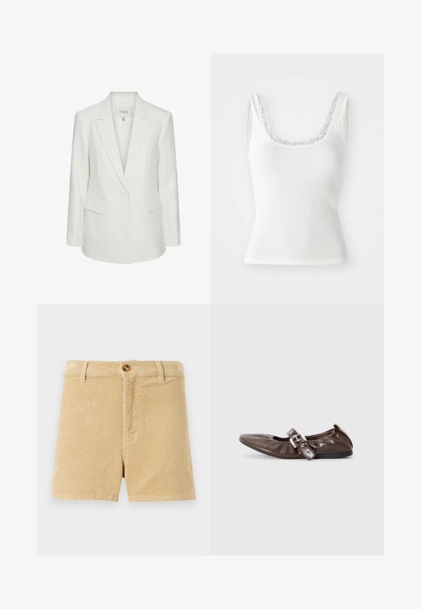 Hvid enkeltknappet blazer med slag og klaplommer, skræddersyet pasform og Y.A.S mærke inden i kraven.; Hvid ribbet tanktop med en scoopudskæring prydet med delikat blondertrim. Ærmeløst design med en tætsiddende silhuet.; Khaki corduroy shorts med et tekstureret ribbet mønster, med frontlukning med knap og to sidelommer. Klassisk lige snit design.; Brun lakeret flad sko med spids tå, elastisk sløjfedetalje og en sølvspændeaccent på siden. Sort gummisål.