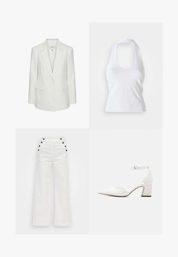 Hvid enkeltknappet blazer med slag og klaplommer, skræddersyet pasform og Y.A.S mærke inden i kraven.; Hvid halterneck top med scoop-udskæring, lavet af glat, strækbart stof. Har et minimalistisk design uden dekorative elementer eller mønstre.; Hvide bukser med vide ben og højtaljet, med fem sorte knapper på hver side og en glat bomuldsstoftekstur. Ren design, uden mønstre.; Hvid spids tå sko med mellemhøj hæl, ankelrem og spænde, glat finish og blokhælkappe på en ensfarvet lys baggrund.