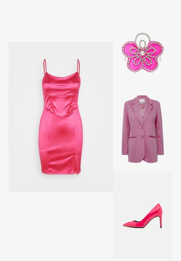 Blazer rosa con un corte ajustado, dos botones, solapas con muesca y bolsillos laterales. Tejido suave con un acabado ligeramente texturizado.; WAL G. CALEB CORSET MINI - Vestido de cóctel - fuchsia; Zapato de tacón alto de charol rosa brillante con punta afilada y silueta elegante, que cuenta con un delgado tacón de aguja y un interior negro.; Clutch en forma de flor de satén rosa adornada con rhinestones claros y un detalle de perla central, con acentos en forma de lágrima.