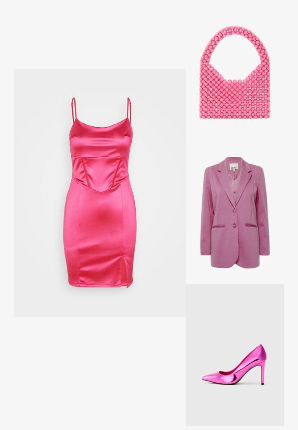 Lyserød blazer med skræddersyet pasform, to knapper, klippet revers og sidelommer. Glat stof med en let struktureret overflade.; WAL G. CALEB CORSET MINI - Cocktailkjole / festkjole - fuchsia; Skinny metallisk pink højhælet stilettosko med spids tå, præsenteret på en ensfarvet lys grå baggrund.; Lyserød perlehandtaske med rund hank og åbent design, konstrueret af glatte, sfæriske perler med blanke accenter.