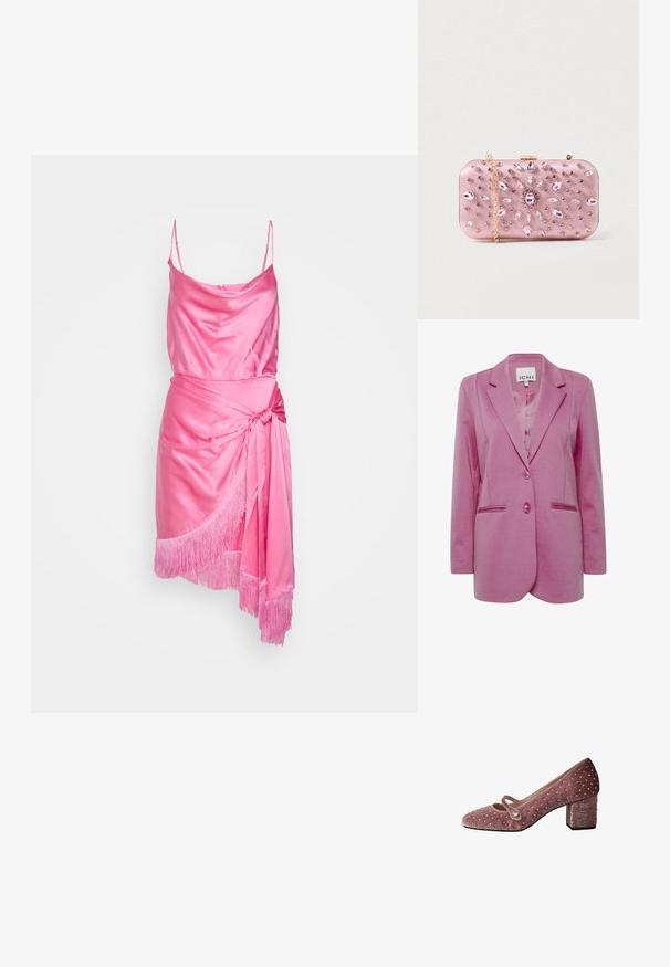 Blazer rosa con un corte ajustado, dos botones, solapas con muesca y bolsillos laterales. Tejido suave con un acabado ligeramente texturizado.; Cinq à Sept OCTAVIA DRESS - Vestido de cóctel - flamingo; Zapatos de punta redonda de terciopelo en rosa apagado con detalles de cuentas decorativas, tacón bloque medio y una correa frontal con una hebilla decorativa.; Clutch de satén rosa con adornos de joyas, forma rectangular, cadena dorada y cierre de broche, con un diseño floral en strass.
