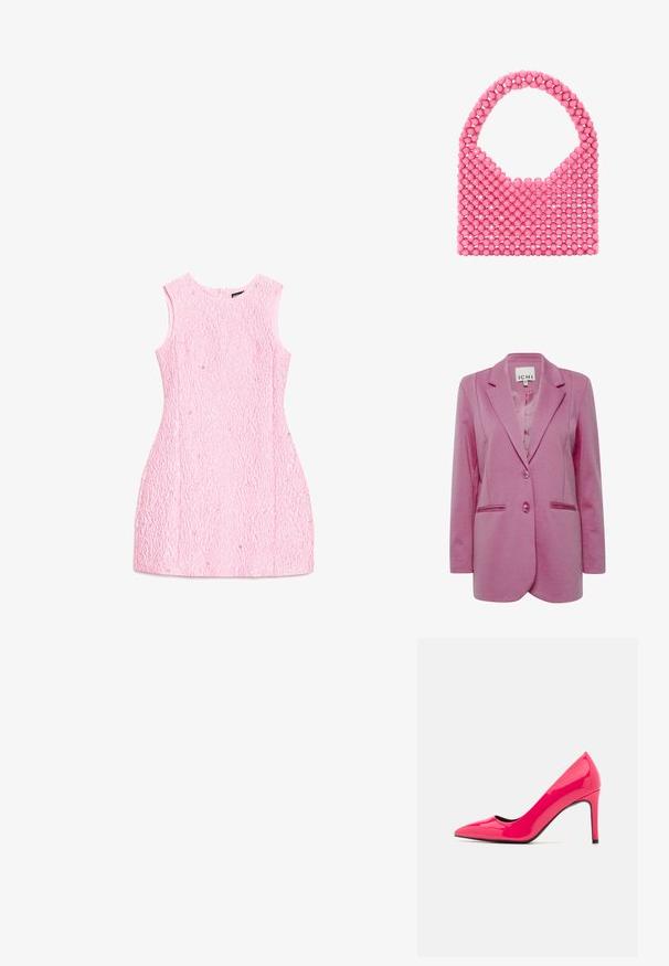 Rosa Blazer mit taillierter Passform, zwei Knöpfen, Reverskragen und Seitentaschen. Glattes Material mit leicht strukturiertem Finish.; Ärmelloses rosafarbenes Mini-Kleid mit strukturierter Oberfläche, dezenten funkelnden Verzierungen und rundem Ausschnitt, flach auf weißem Hintergrund liegend.; Leuchtend pinkfarbene lackierte High-Heels mit spitzer Zehenform und schlanker Silhouette, ausgestattet mit einem dünnen Stiletto-Absatz und schwarzem Innenleben.; Rosa Handtasche aus glänzenden Perlen, mit einem runden Griff und offener Oberseite. Texturierte Oberfläche mit einem gitterartigen Anordnung der Perlen.