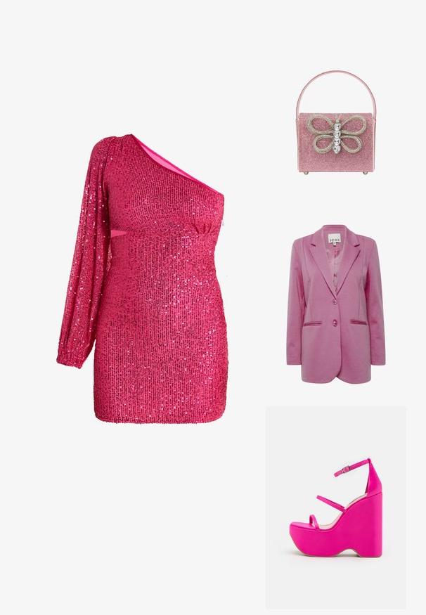 Roze blazer met een getailleerde pasvorm, twee knopen, gelapte revers en zijzakken. Glad stof met een licht gestructureerde afwerking.; Fuchsia pailletten jurk met één lange mouw, getailleerde pasvorm en geplooid detail bij de taille, die een levendig, textuur oppervlak laat zien.; Roze platform sandaaltjes met een hoge wiggenhak, voorzien van twee dunne banden aan de voorkant en een enkelbandje met een metalen gesp. Glad materiaal.; Roze sprankelende handtas met een opvallend vlinderontwerp en strassteentjes, rechthoekige vorm en een platte handvat.